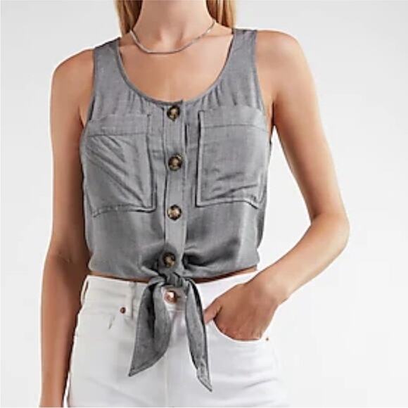 Express Tie Front Blouse Gray Button Sleeveless Minimalist Shirt Rayon Top LARGE - Picture 1 of 12